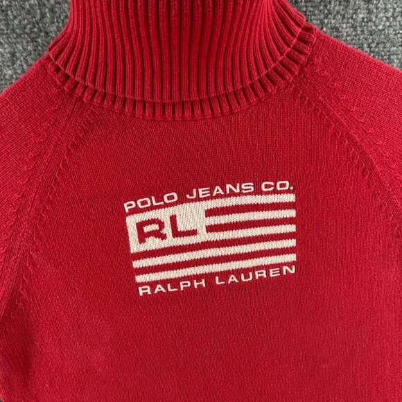Ralph Lauren Polo Jeans Medium Red Knit Turtleneck Women Flag Sweater USA Logo - Picture 2 of 14